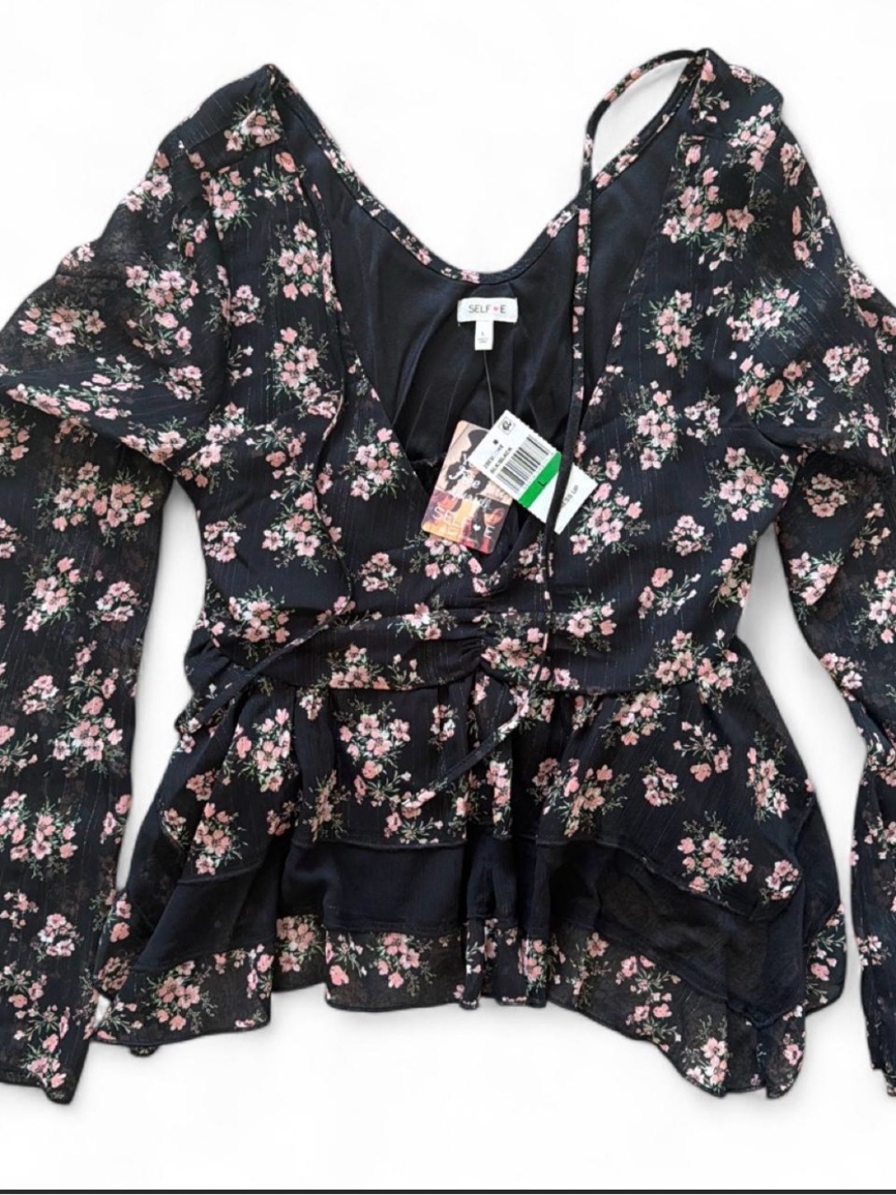 Self Love Black Floral Wrap Blouse with Pink Flowers